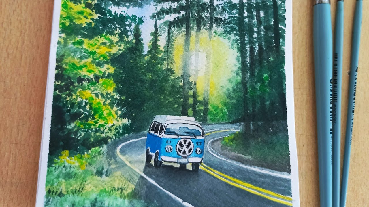 Suluboya ile harika orman yol manzarası-Watercolor paıntıng