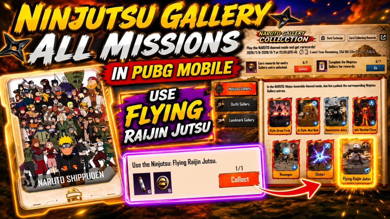 😍NINJUTSU GALLERY ALL MISSIONS EXPLAINED IN PUBG MOBILE | USE FLYING RAIJIN JUTSU | GET NARUTO CARD