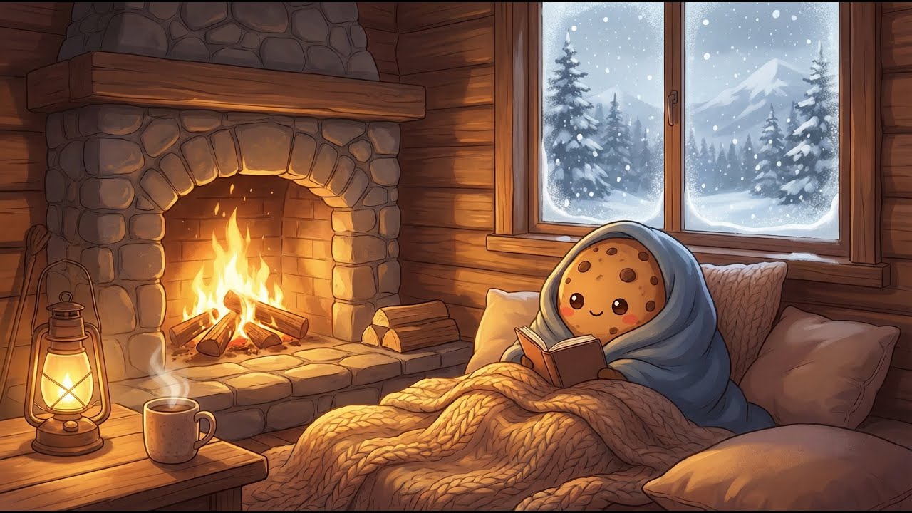 Cozy Winter Cabin, Fireplace ambience with Lofi Music - for Study, Sleep & Relaxation