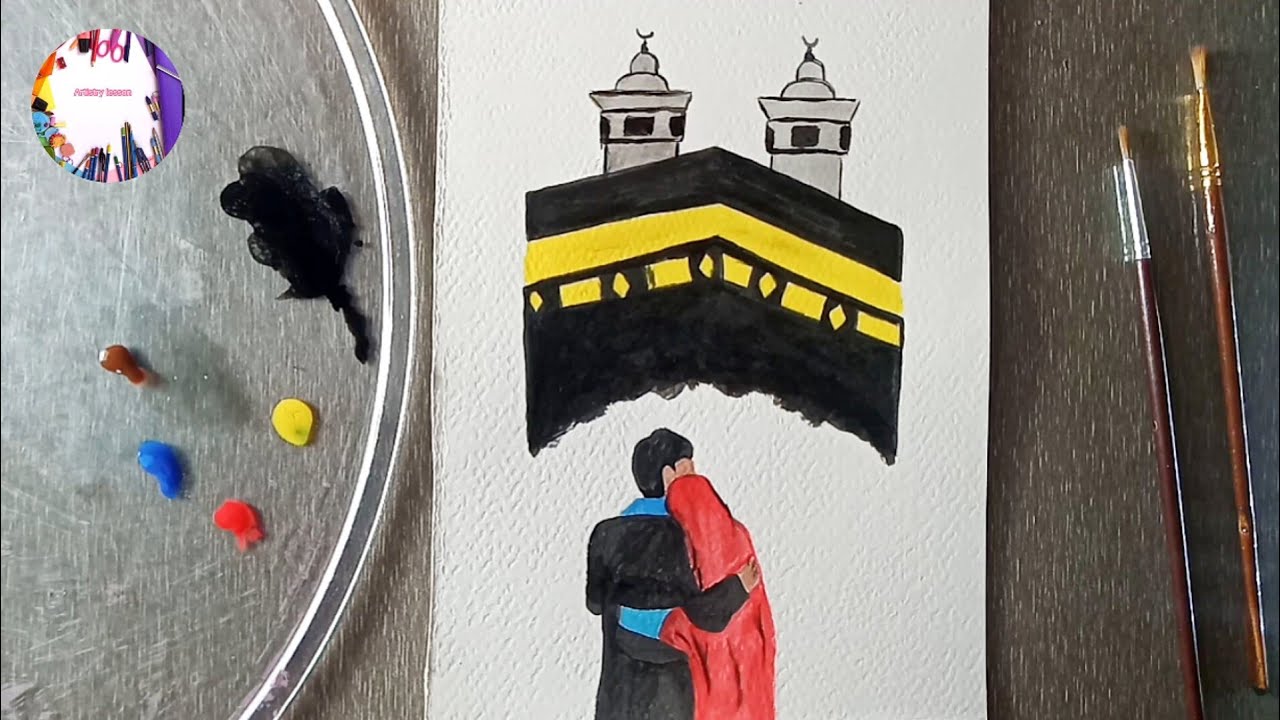 Muslim couple In front of Kaaba painting | Muslim couple drawing | Islamic painting tutorial