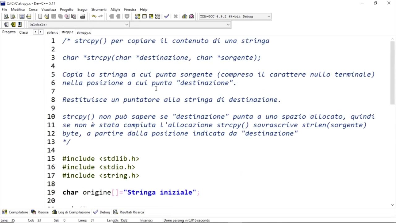 Linguaggio C - Funzioni per le stringhe: strlen(),  strcpy() e strncpy()