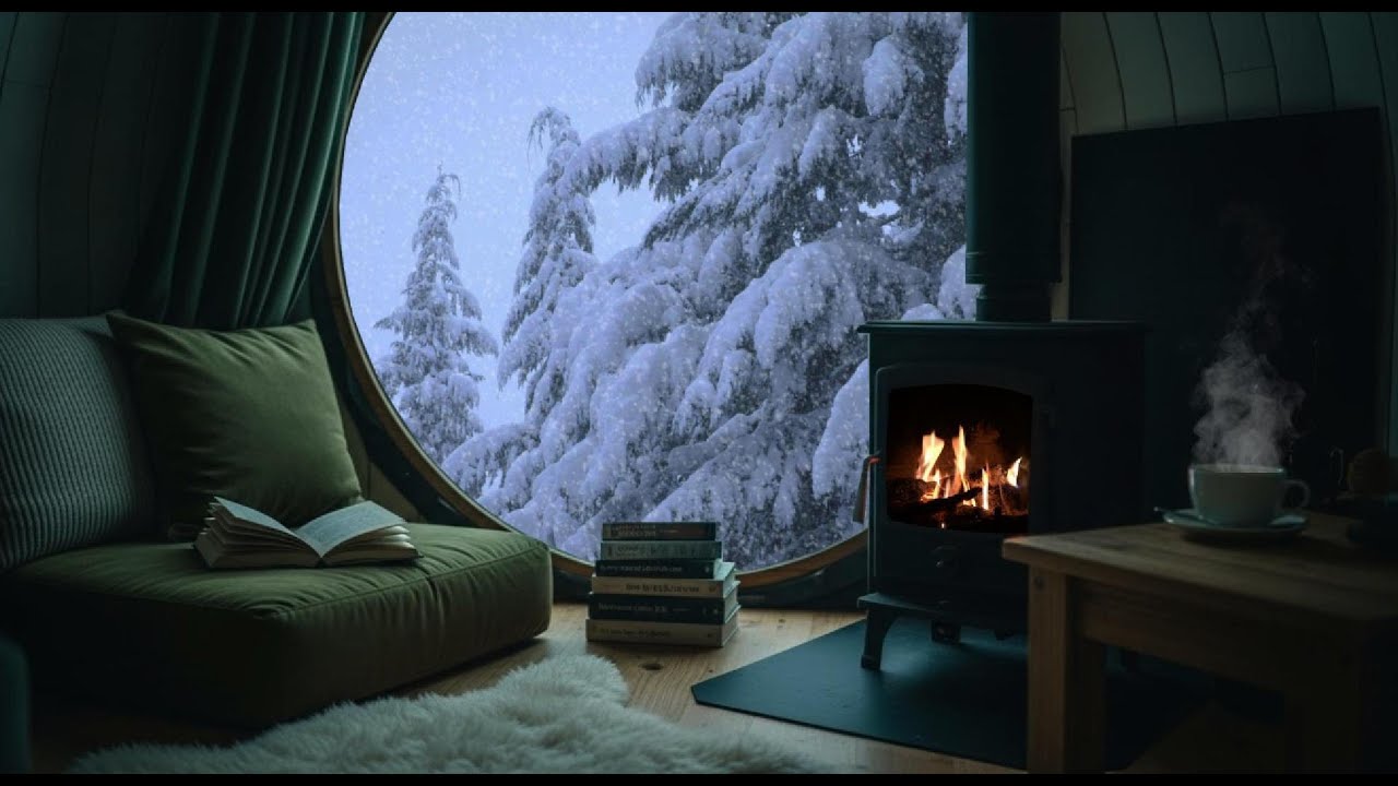 Winter Reading Nook ambience with music, fire crackling, reading ambience, no mid-roll ads