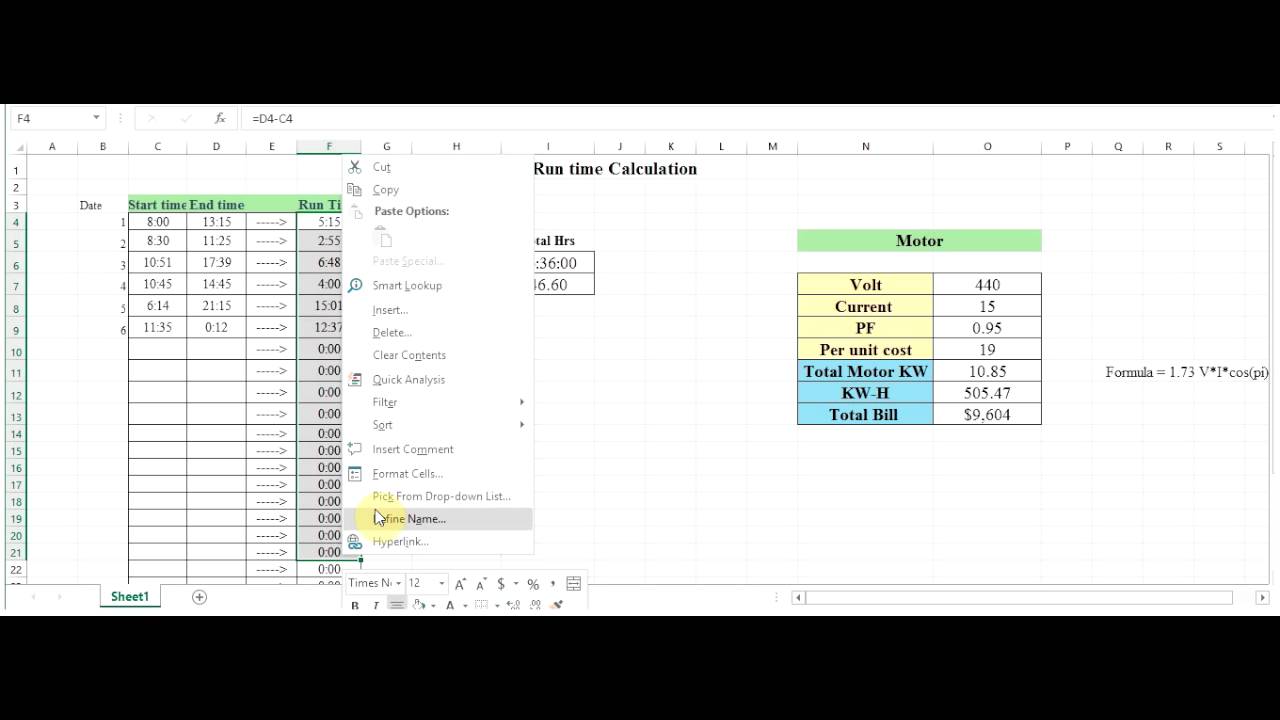 MS Excel : Electric Motor Monthly Operational Cost Estimate