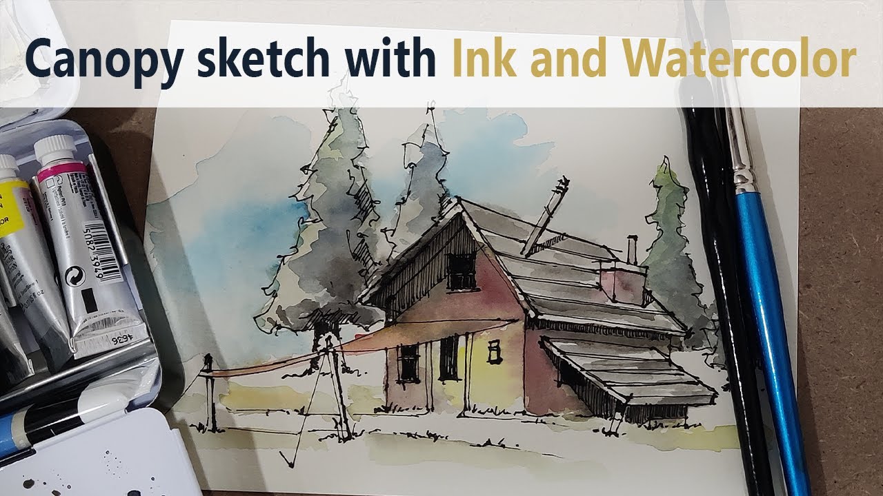 Canopy sketch with ink and watercolor