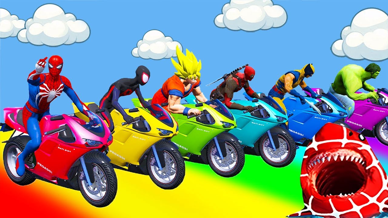 الأبطال الخارقين على القضبان دوامة قمع جسر 🕷️🏍️ VERSICOLOR SPIDER MAN! on Motorcycle in Spiral Bri