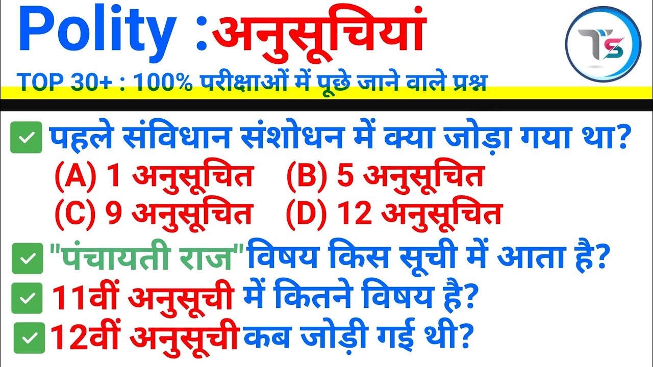 TOP 30+ : Polity (अनुसूचियां) |Schedules of Indian Constitution |Topic Wise GK|| Polity GK in Hindi