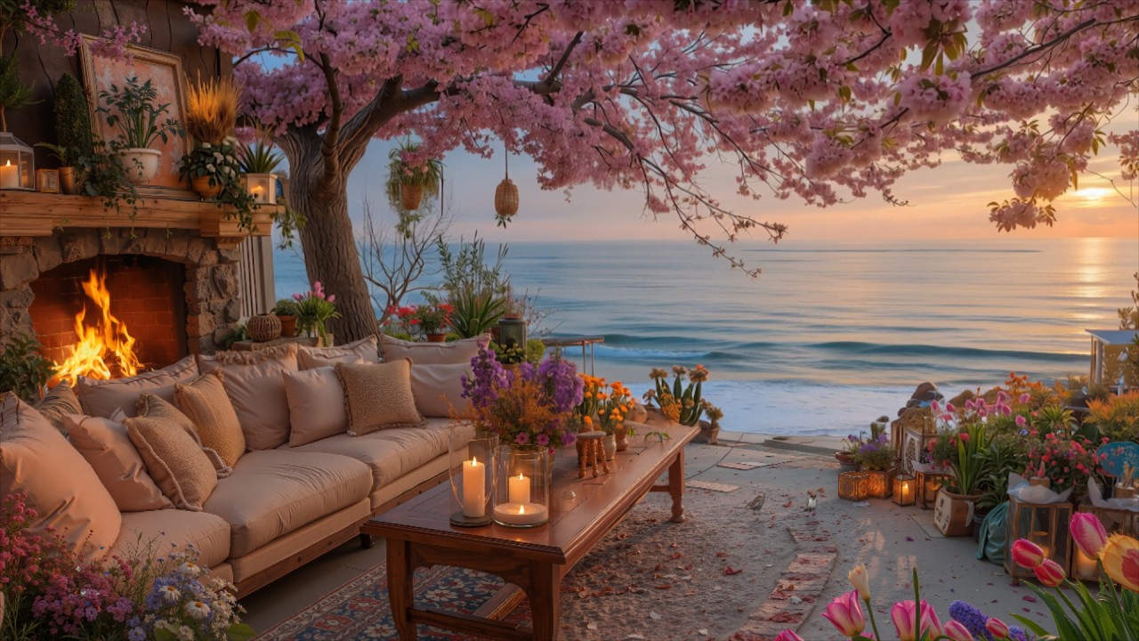 Peaceful Spring Morning by the Sea 🌸 Gentle Piano, Cozy Fireplace & Birds for Calm & Relaxation