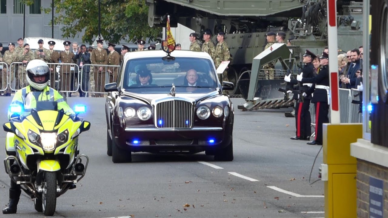 Queens Motorcade, Escort and Helicopter Leaving Brompton Barracks, Kent, UK