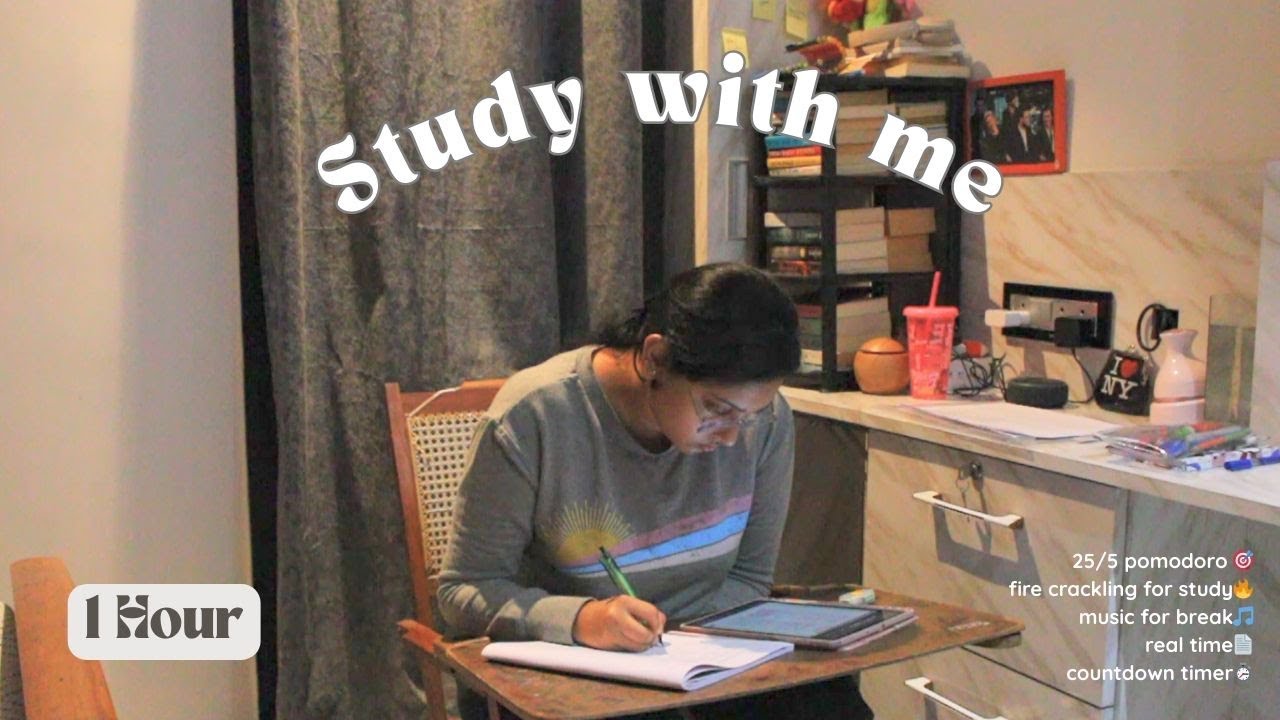 1 HOUR STUDY WITH ME | Fire crackling for study 🔥 | 25-5 Pomodoro timer