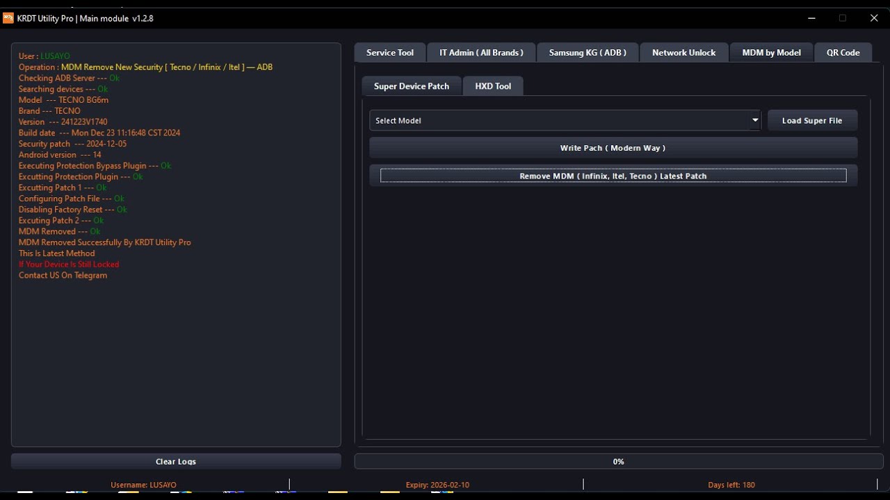 TECNO BG6M 2025-04-05 V1885 MDM Bypass Done | KRDT Utility Pro | Main Module v1.2.8