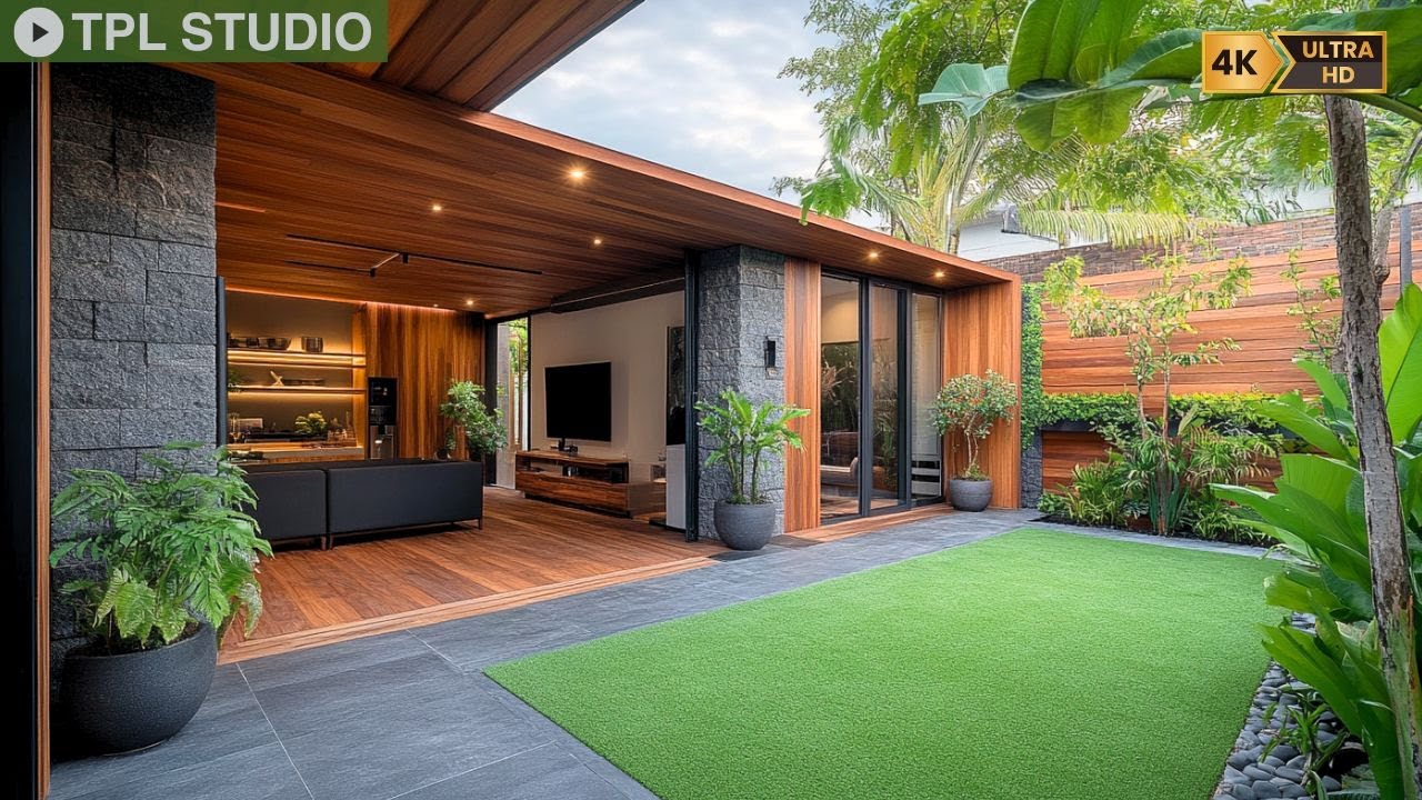 Modern Courtyard in Small L-Shaped House: Luxury Single-Story Home Design Ideas