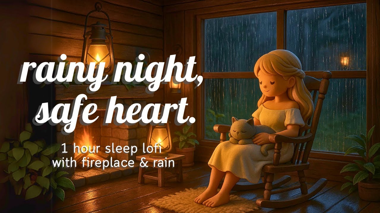 sleep in a rainy cabin 💤 cozy Lofi with fireplace & thunder | 1 hour