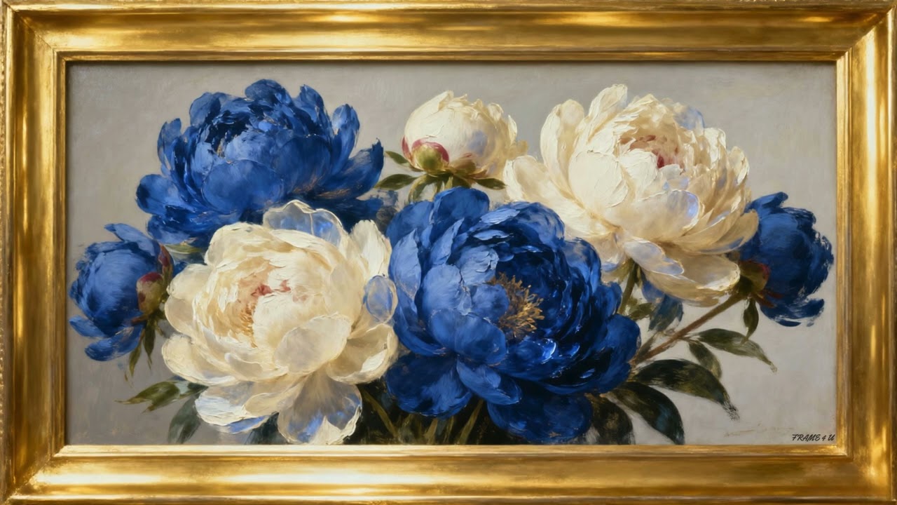 Vintage BLUE Floral Art in Golden Frame — 2 Hour Relaxing TV Screensaver | 4K