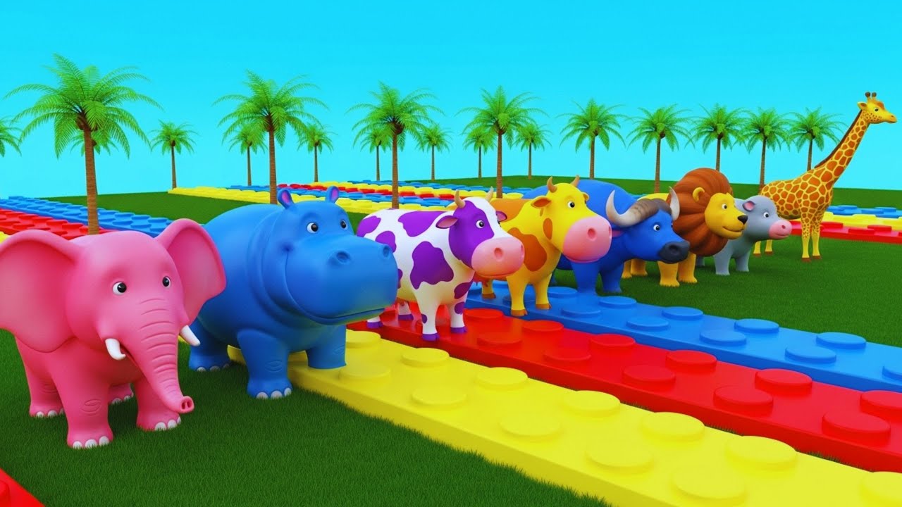 Long Slide Game With Lion Giraffe Elephant Hippo | Neon Spinning Discs – Funny 3D Animals For Kids