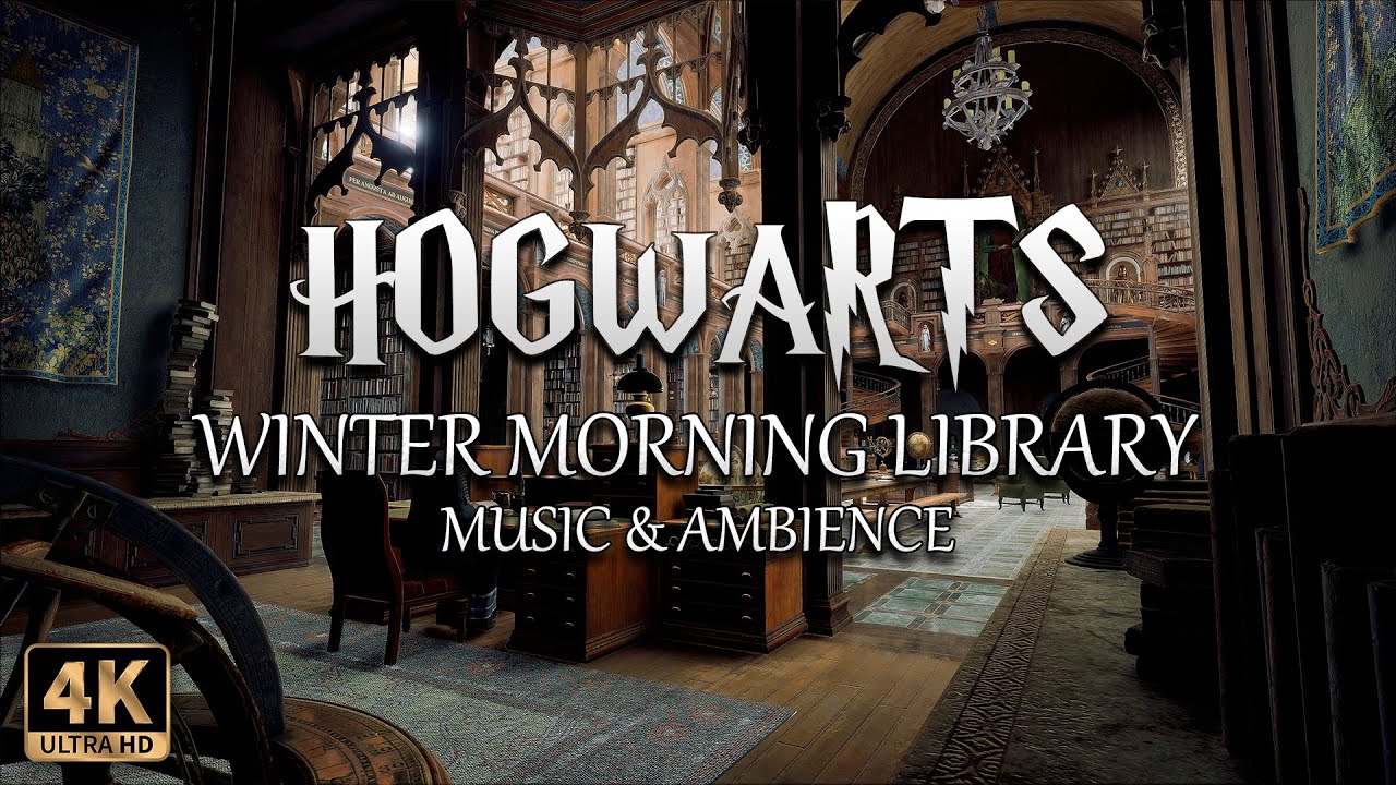 A Calm Winter Morning in the Hogwarts Library | 4K Harry Potter Music & Ambience