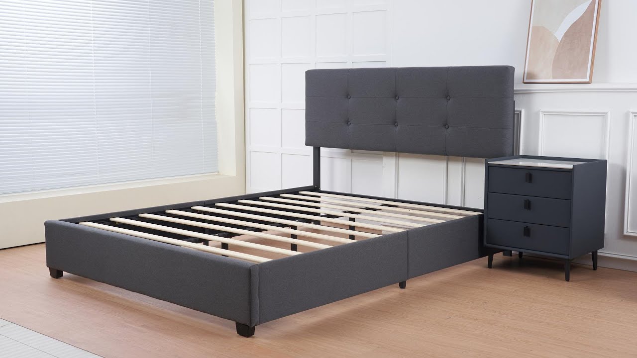 Montaje Rápido y SIN RUIDOS | Base de Cama 2 Plazas con Respaldo Acolchado Gris-RB60063
