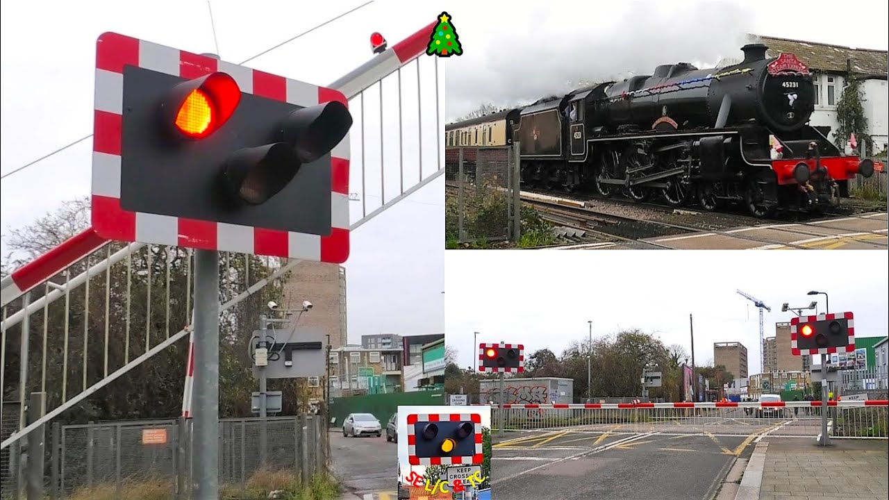 Two freights and a Festive steam express at Bollo Lane (Kew Line) Level Crossing, Greater London