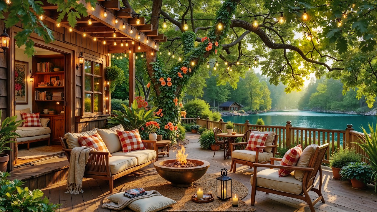 Calm Jazz Music at Lakeside Summer Porch | Fireplace Crackle & Falling Leaves to Unwind