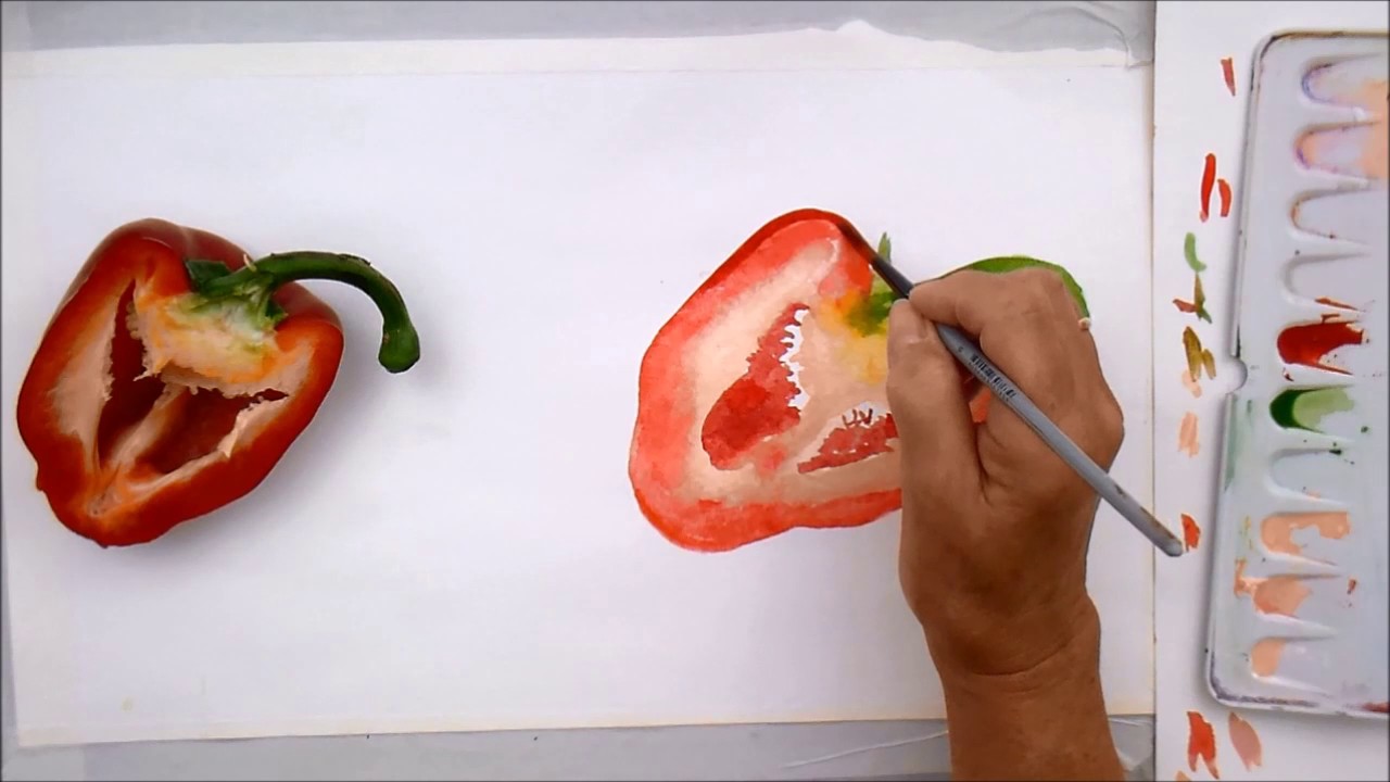 Paint this half a red pepper in bright watercolour paints, 20 minutes of painting fun