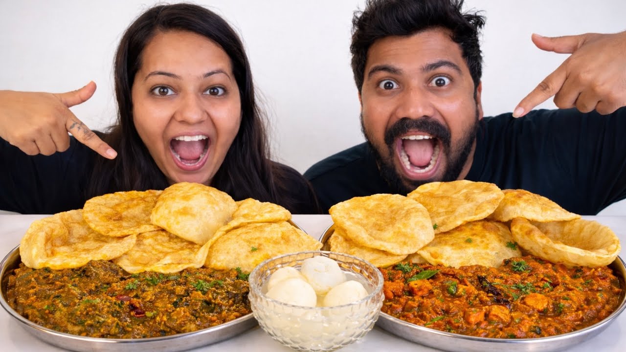 EATING SPICY🔥PALAK ALOO KI SABJI, VEG KOLHAPURI, LOTS OF PURI, RASGULLA | INDIAN FOOD MUKBANG | ASMR