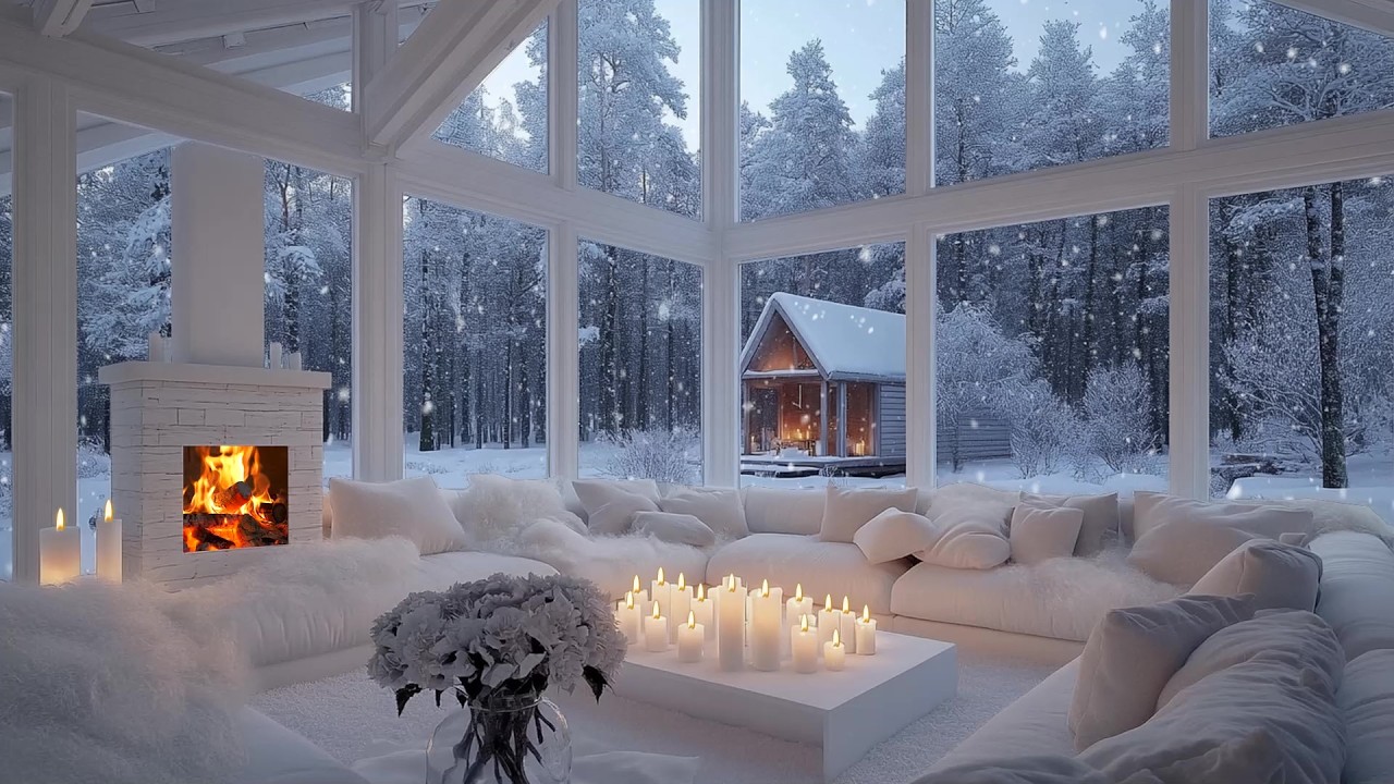 🌨️🎹 Snowy Night Piano Sanctuary | Fireplace Light & Gentle White Blossom Touch | Deep Calm Evenings