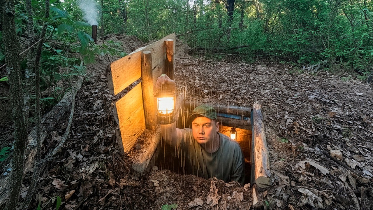 Building  a cozy dugout with a fireplace in the forest  Shelter for survival