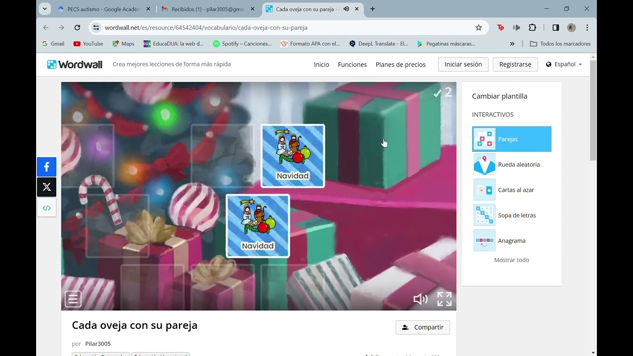 Cada oveja con su pareja, juego de Wordwall para trabajar el vocabulario de navidad