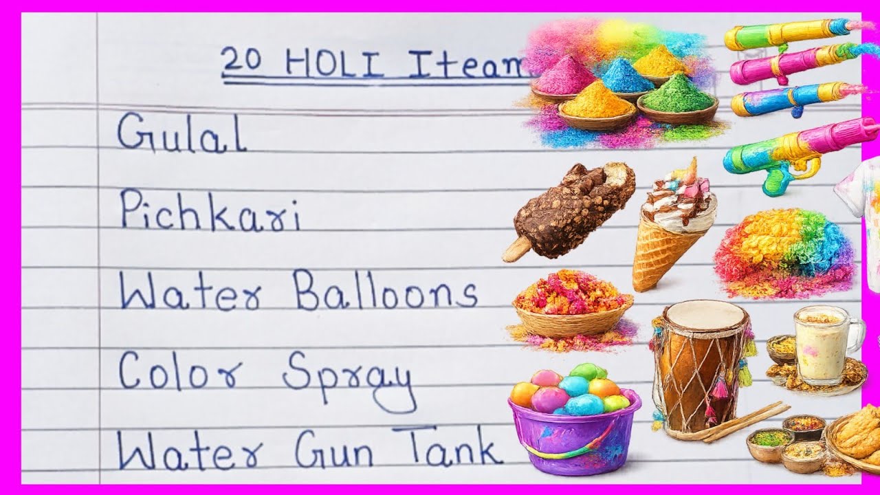 20 Holi Items Name for Kids | बच्चों के लिए 20 होली का समान