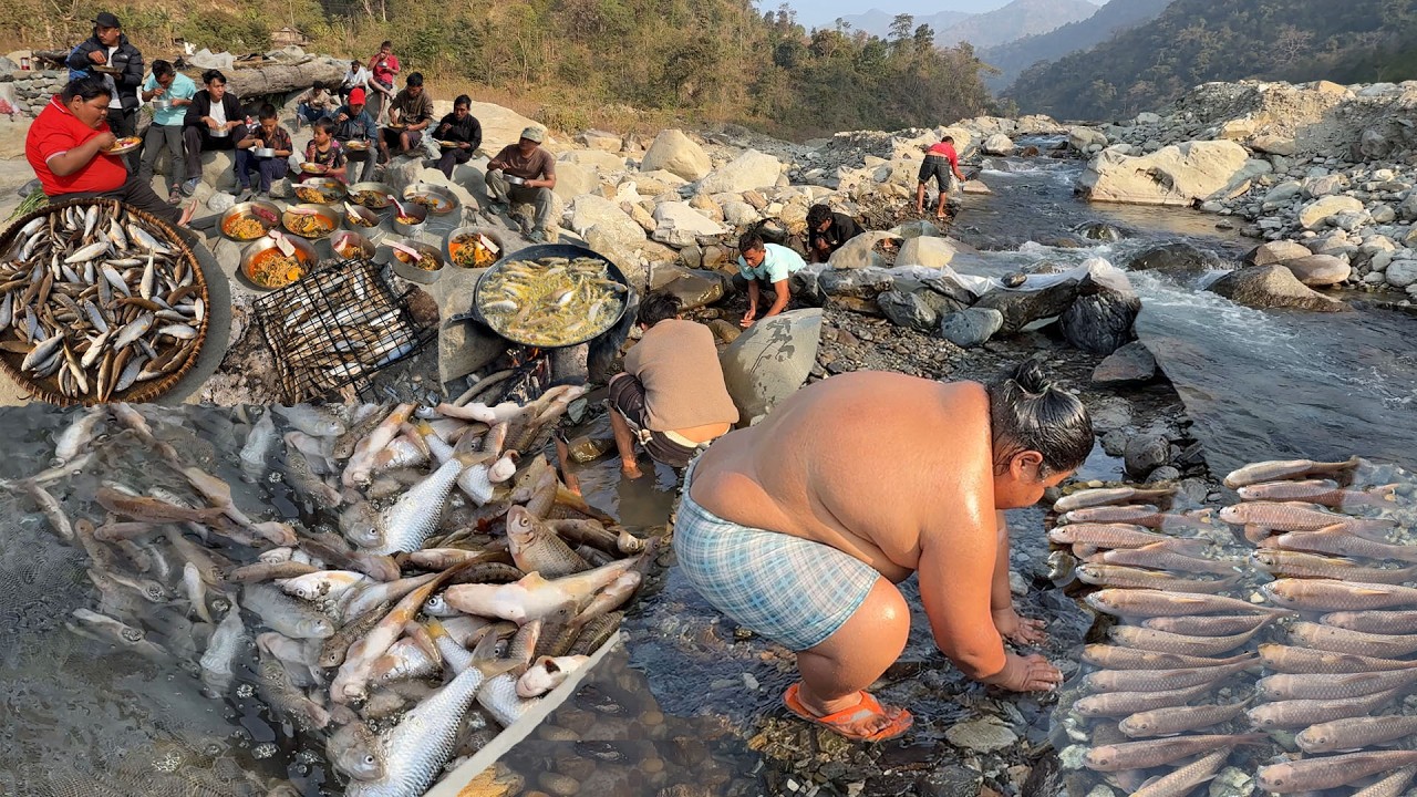 Traditional Fishing in River Live Catching Cooking Eating in Mountain Riverside Camping Khadam Khola