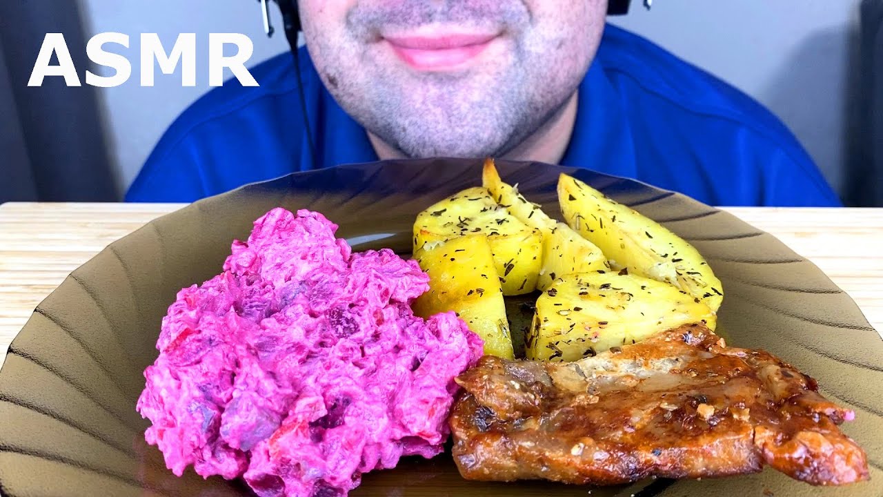 ASMR EATING HOMEMADE RUSSIAN FOOD MUKBANG (PORK STEAK, SHUBA SALAD & BAKED POTATOES) EATING SOUNDS