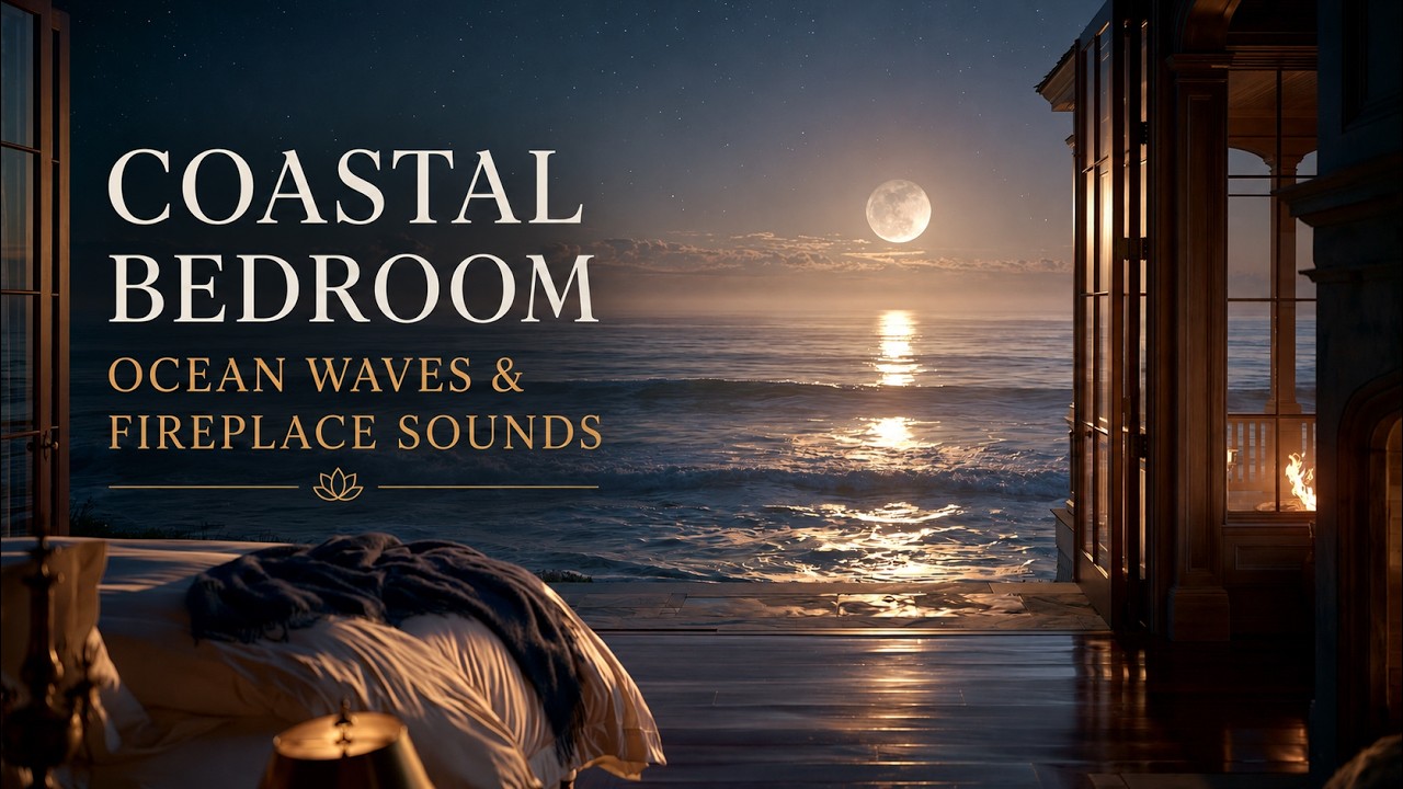 Warm Coastal Bedroom 🔥 Ocean Waves & Fireplace Sounds. Cozy Night Ambience for Relaxation and Focus