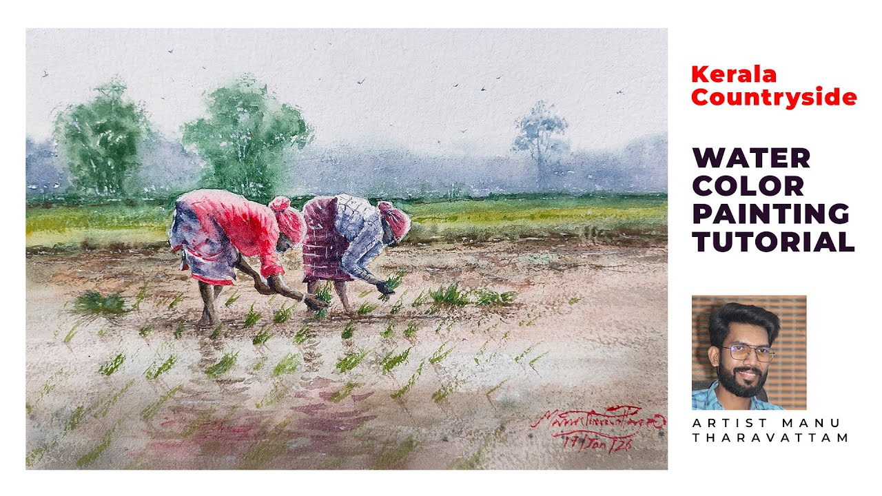 How to Paint Kerala Countryside in Watercolor - Tutorial by Artist Manu Tharavattam | Kerala