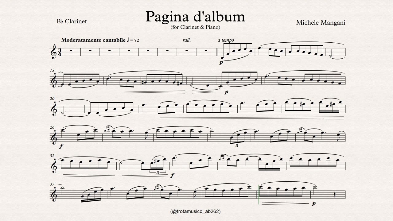 Michele Mangani - Pagina d'album for Bb Clarinet - Sheet music & Playalong Piano accompaniment