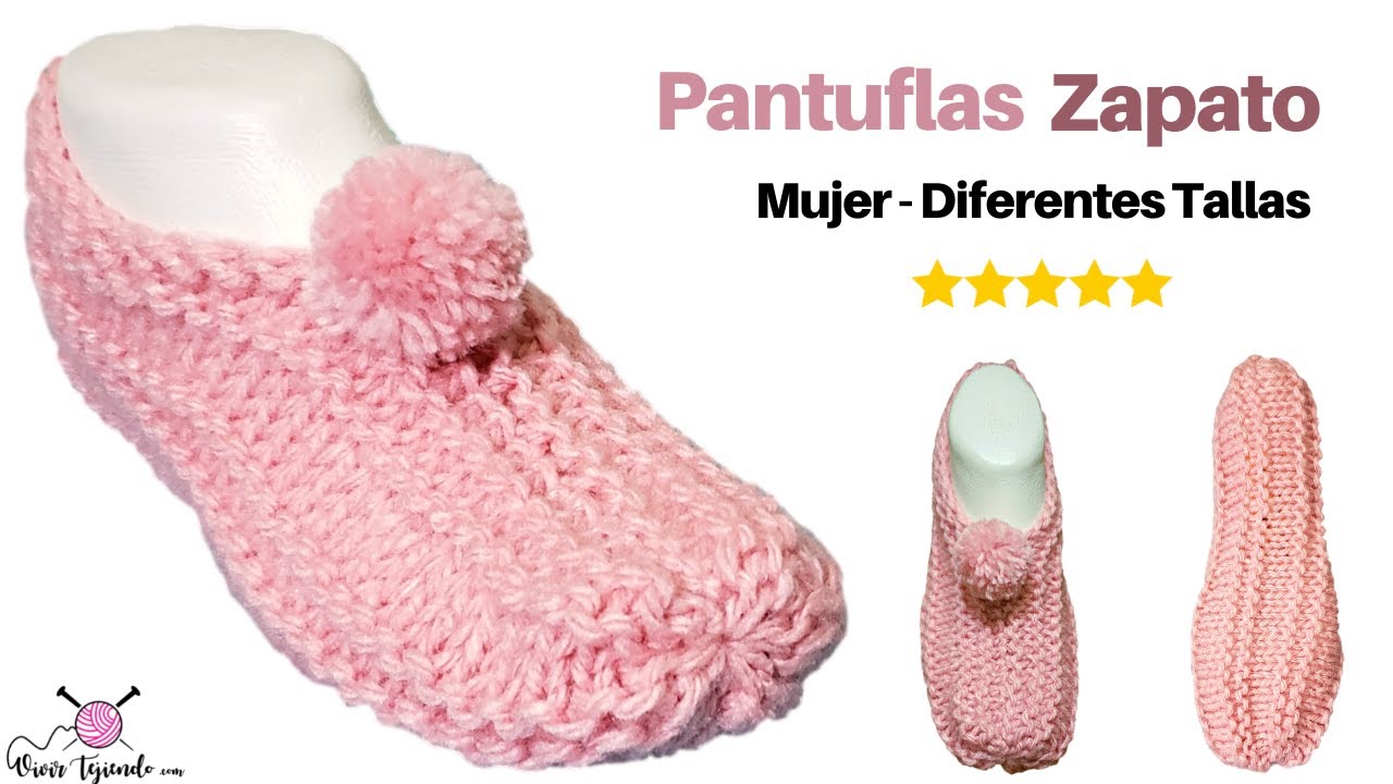 ✔ Tejidos a Palitos Dos Agujas 🌈 Pantuflas Zapatos de Mujer a Dos Agujas Palo Rosa