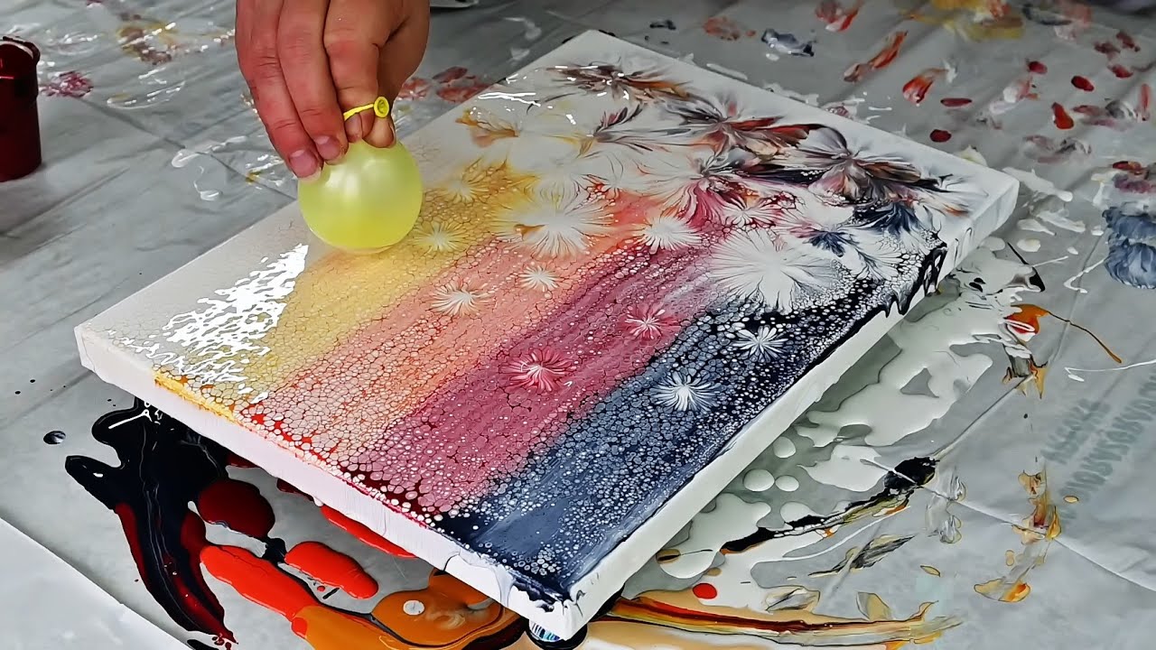 (863) Ombre SWIPE and BALLOON kiss ~ Acrylic pouring tutorial ~ EASY flower painting with balloons