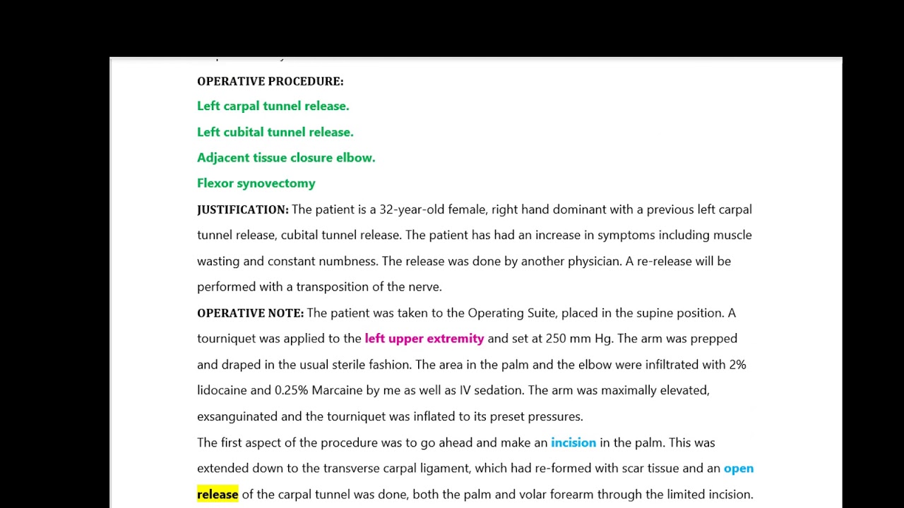 Operative Report Carpal Tunnel and Cubital Tunnel Releases Flexor synovectomySp20