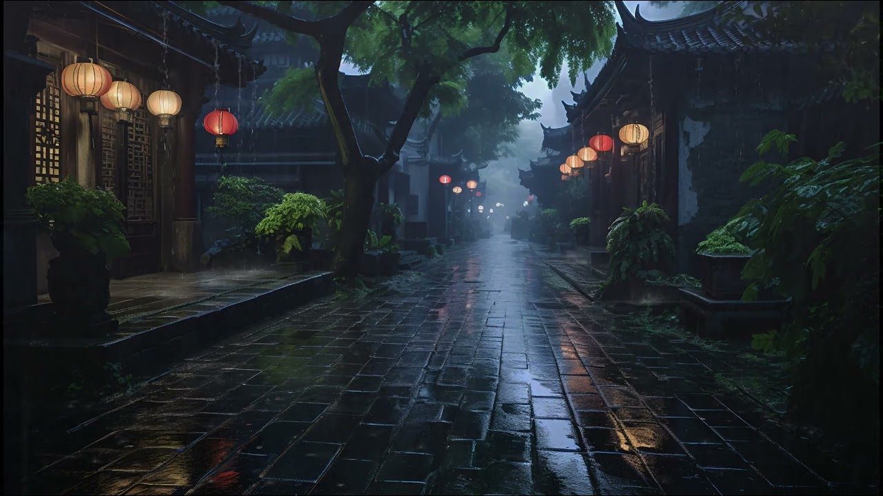 古镇静夜下的下雨声，宁静助眠白噪音，治愈失眠的下雨声，雨水滴落屋檐落在石板路的声音，入睡困难怎么办？