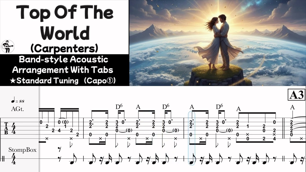【Top Of The World/Carpenters】Band-style Acoustic Guitar Arrangement with Tabs&Chords