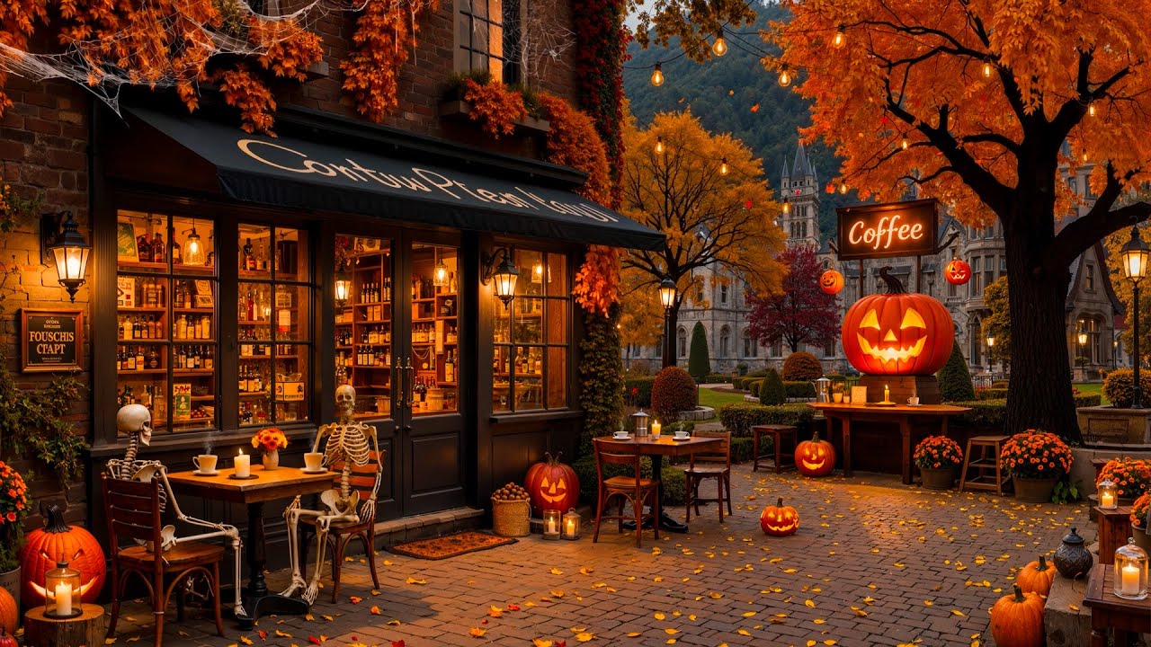 Cozy Autumn Coffee Shop Ambience Halloween 🎃 Relaxing & Smooth Jazz Music for Stress Relief, Sleep