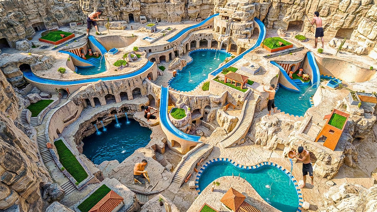 200 Days Building an Epic Multi-Tier Water Slides Complex Above Underground Pool with Primitive Tool