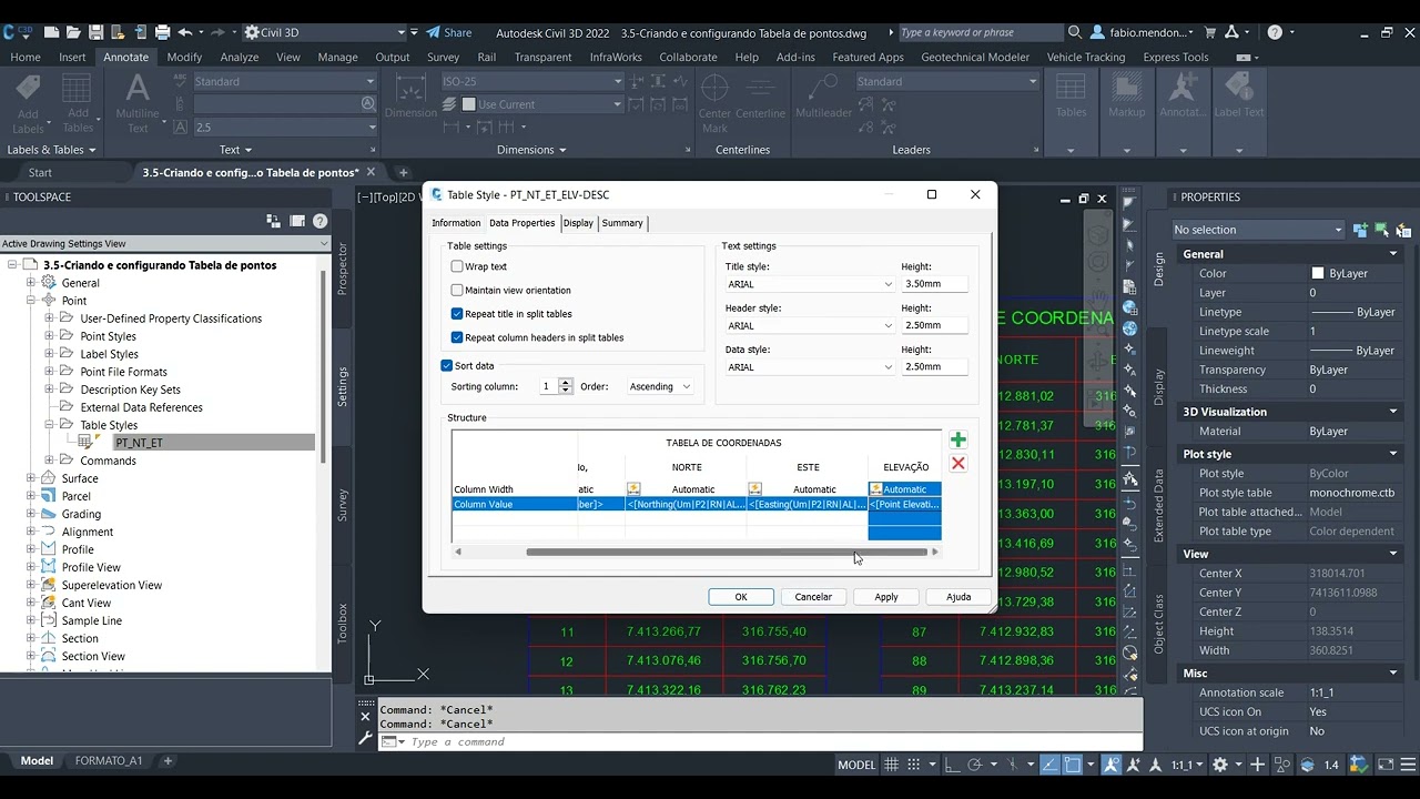 3.5-Criando e configurando tabela de pontos no Civil 3D