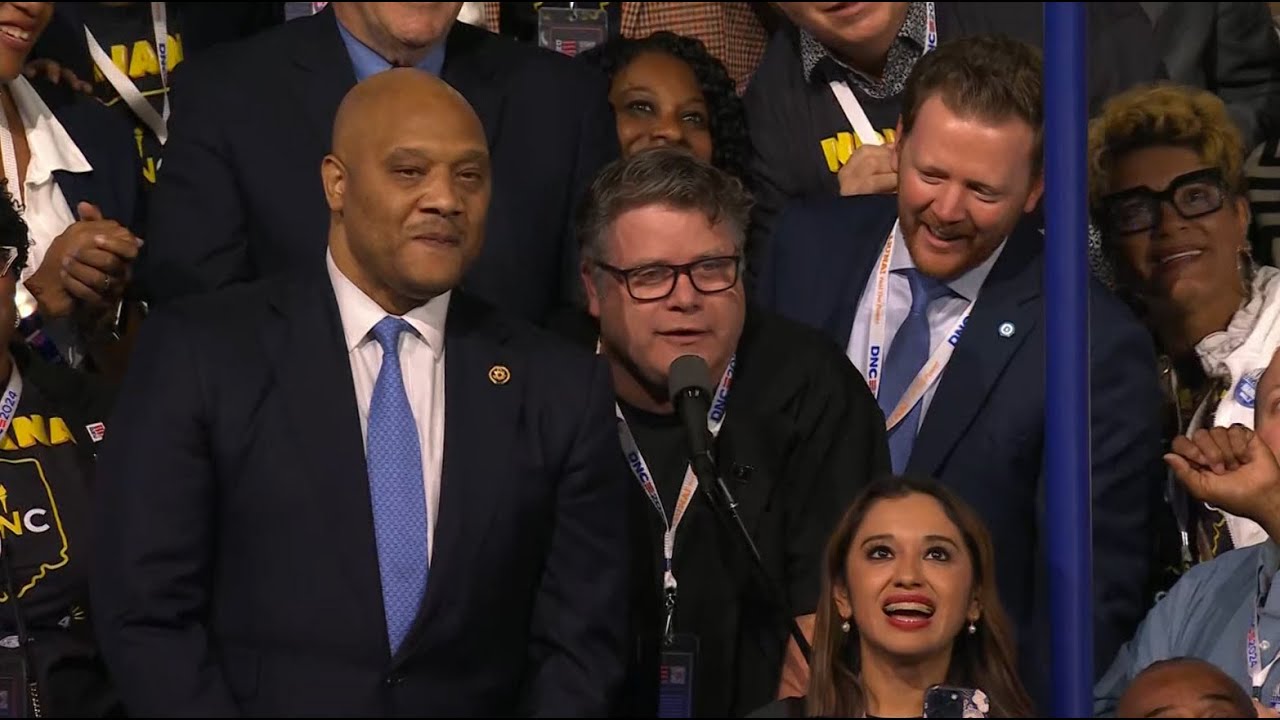 Rep. André Carson, actor Sean Astin cast Indiana's delegates for Kamala Harris | Via: NBC/Pool