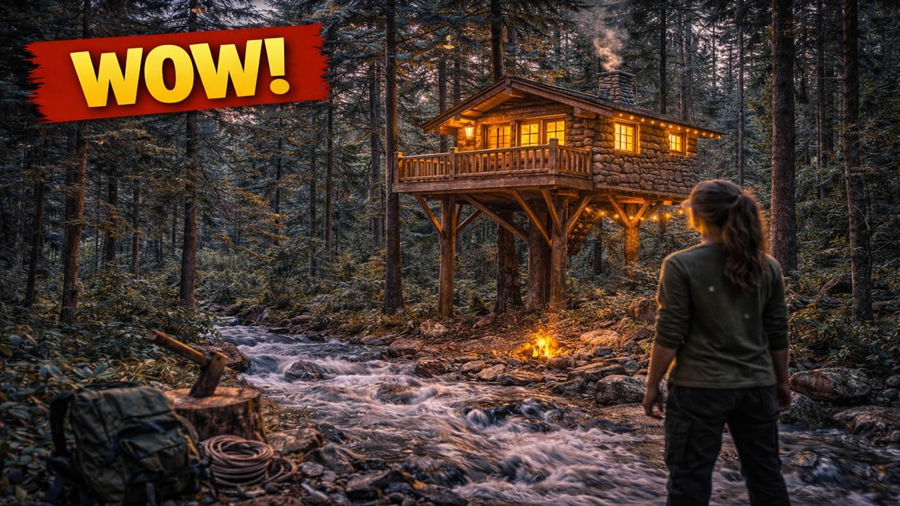 Solo Girl Builds a Cozy Treehouse Cabin 🌲🏡✨ Hidden in the Forest (Bushcraft Survival Build)