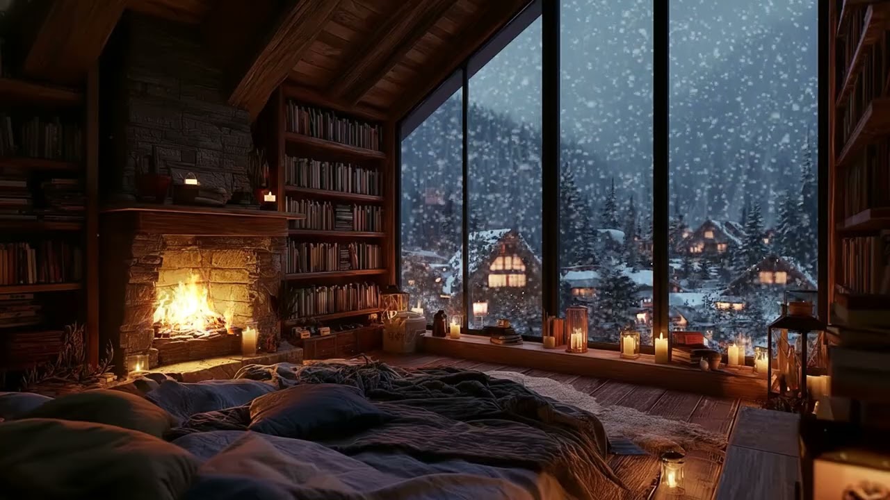 Cozy Snowy Winter Cabin with Fireplace Sounds for Deep Sleep, Study Focus & Relaxation