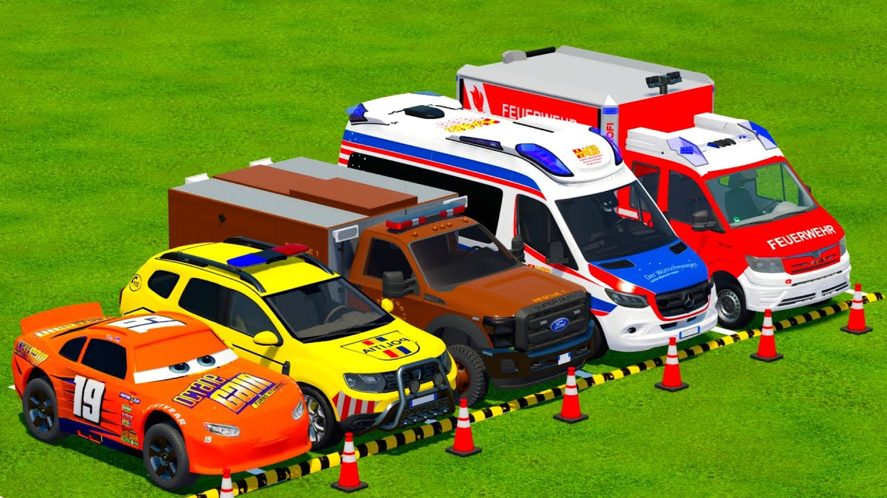 DACIA, MCQUEEN CAR سيارة ماكوين FORD POLICE CARS, AMBULANCE EMERGENCY TRANSPORTING WITH TRUCKS! FS22
