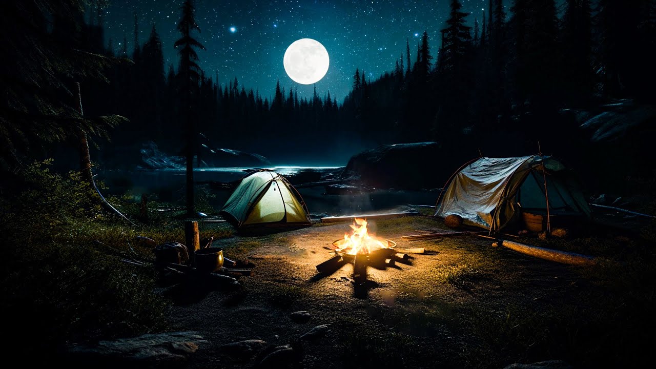 Camping Night In Forest With Full Moon | Crackling Fire, Crickets, Water Sounds For Relaxation