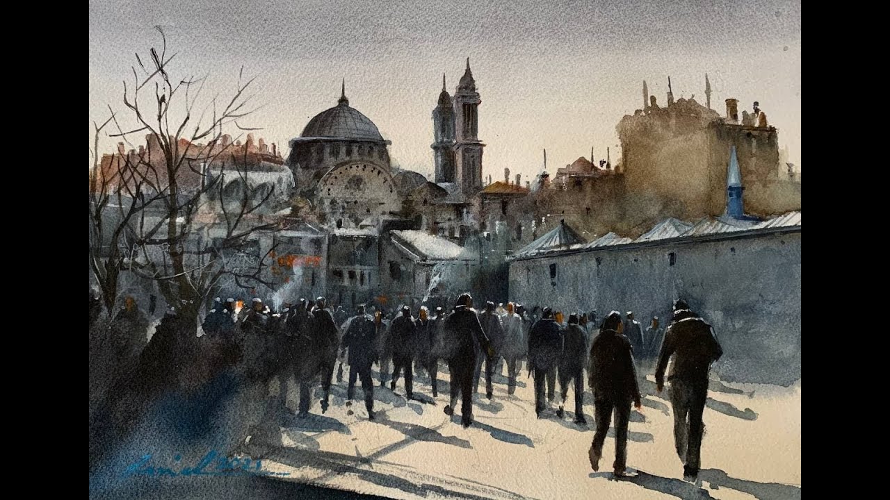 How to paint cityscape in watercolor painting demo by javid tabatabaei