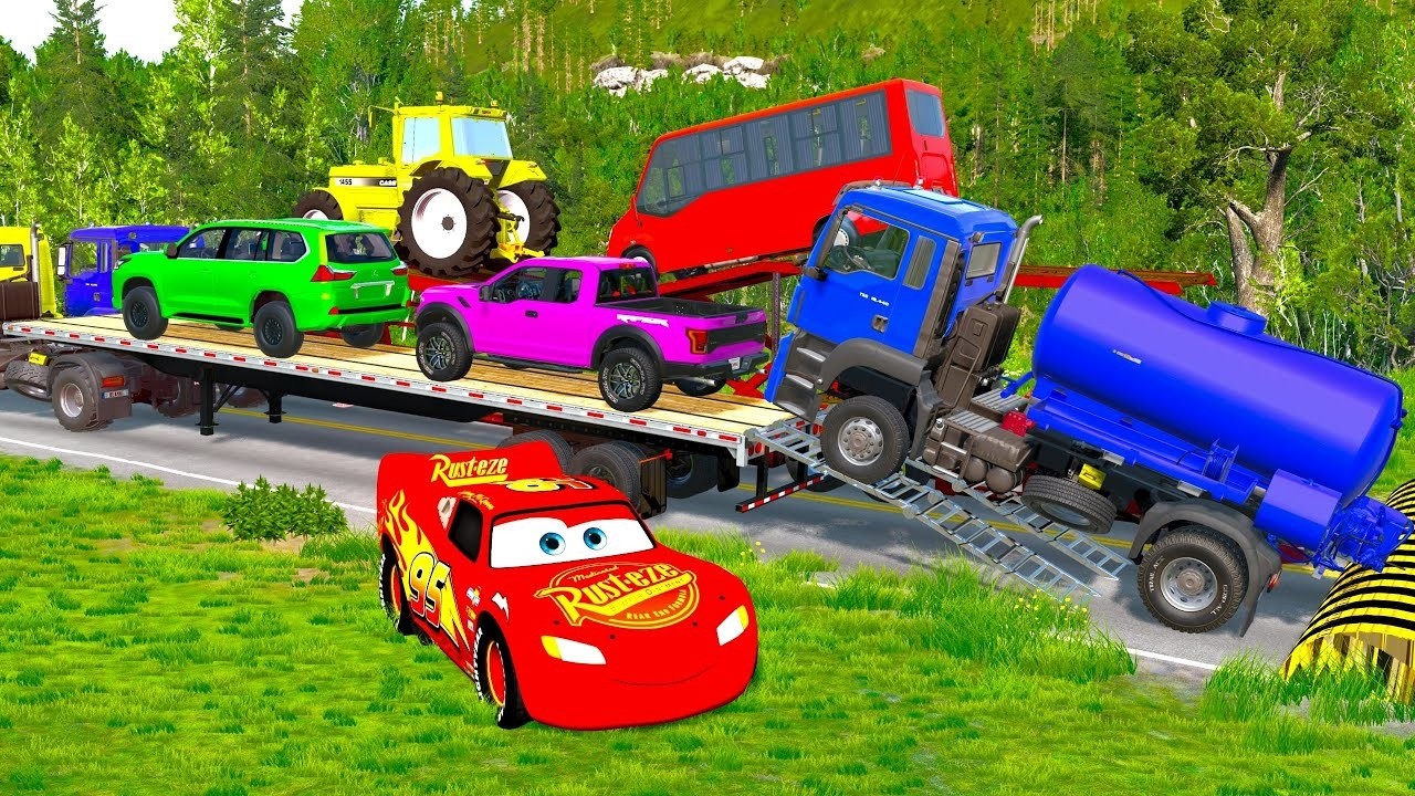 TRANSPORTING PIXAR CARS & FRUITS WITH COLORED & JOHN DEERE vs CLAAS vs TRACTORS - BeamNG.drive