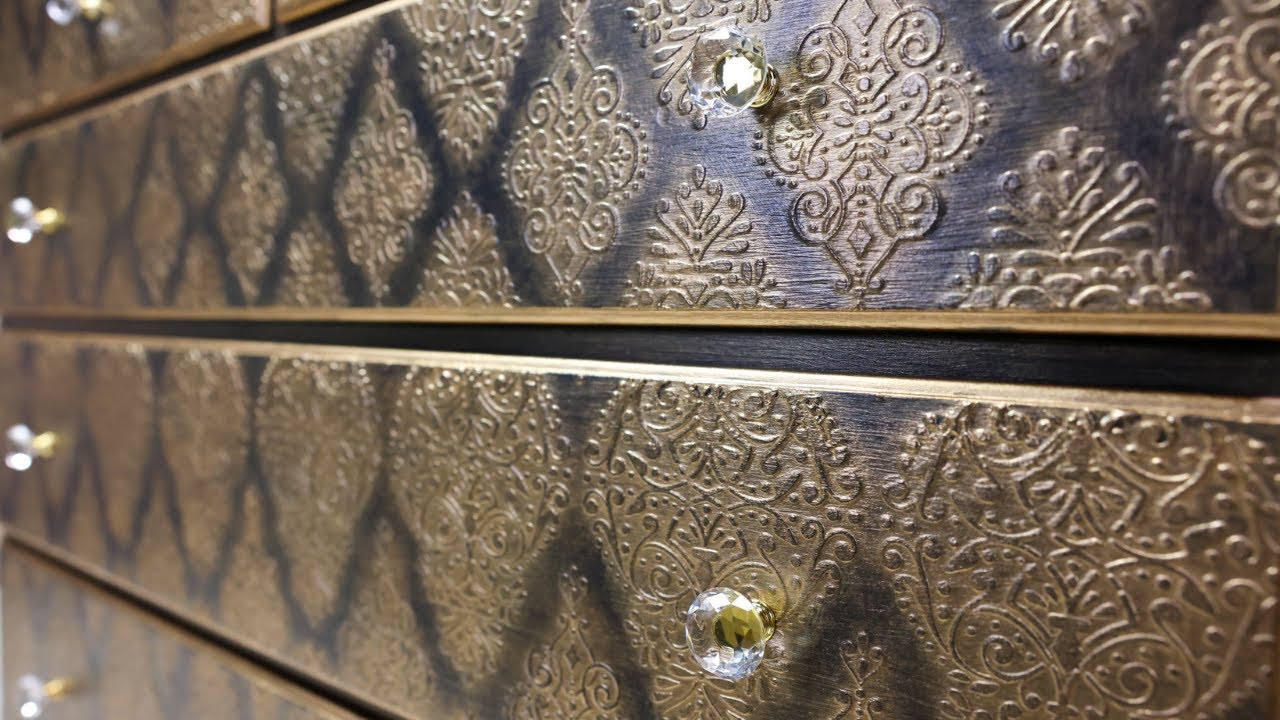 Metallic raised stencil ~ Metallic Paint Wash ~ Dresser Makeover