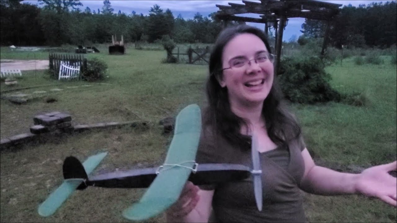 Hope flies her half scale Gollywock rubber powered airplane